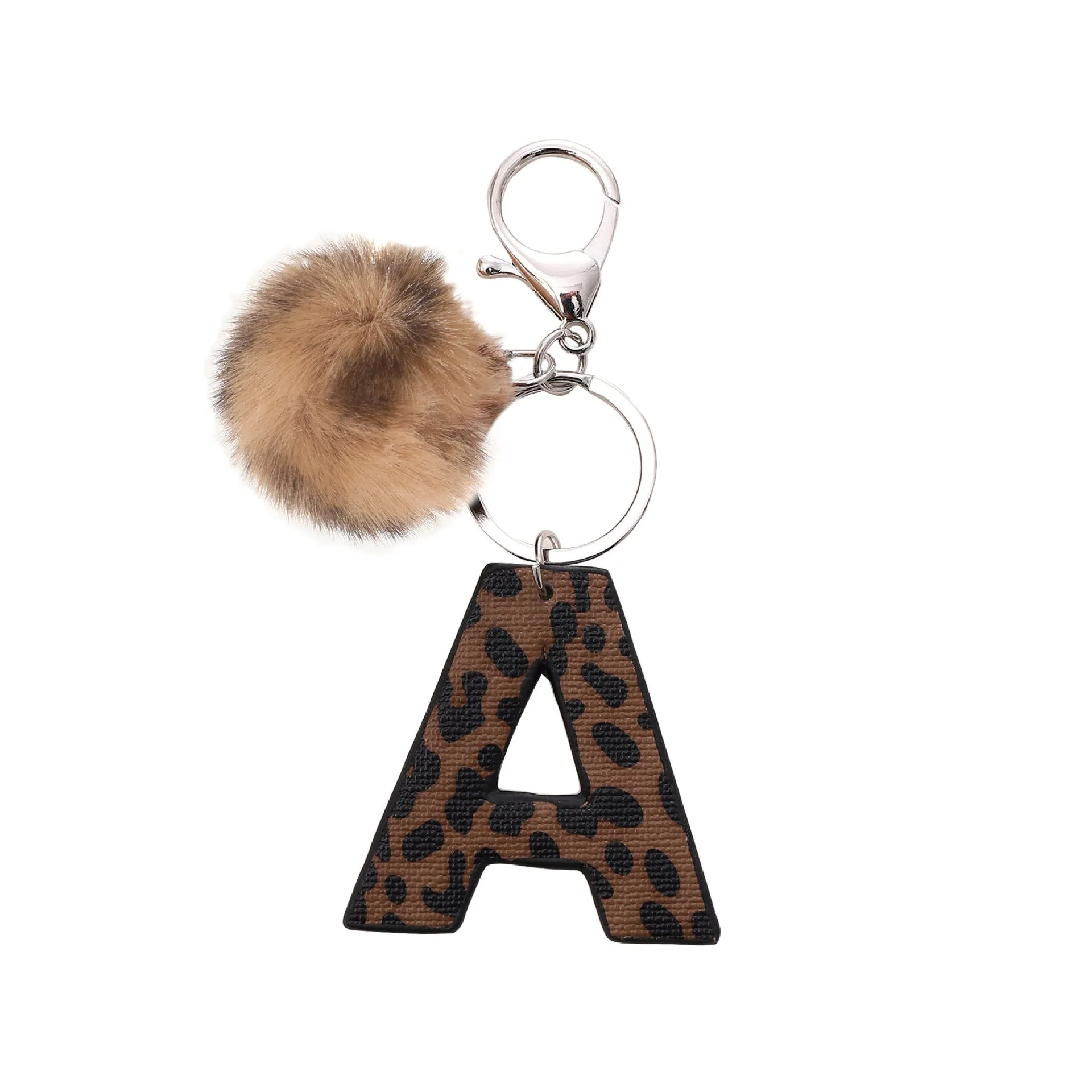 Retro leopard-print oil-edged letter acrylic keychain on artificial leather strap with metal keyring