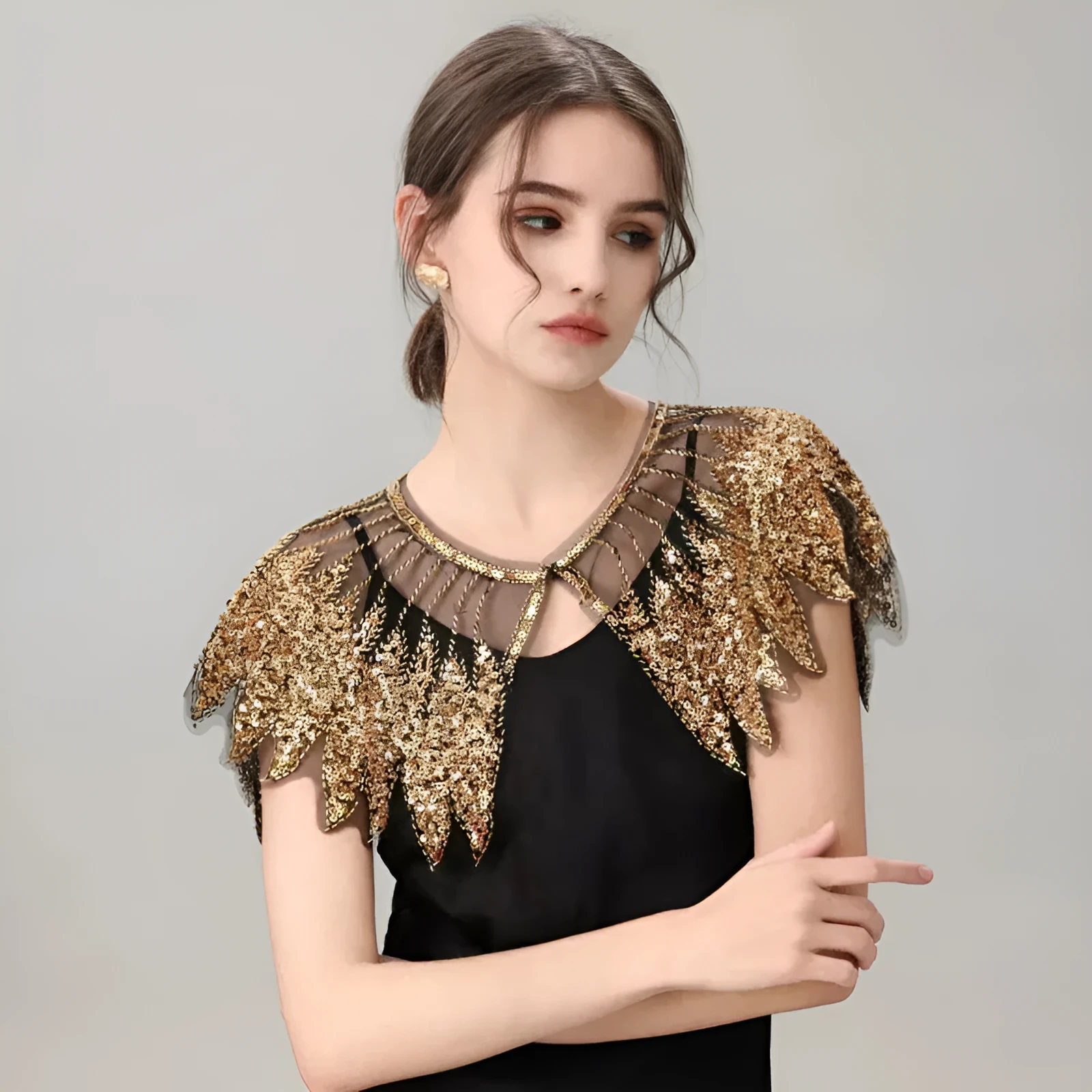 Champagne polyester bridal front and rear shawl draped over shoulders for wedding wear