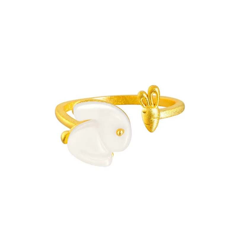 925 sterling silver jade hare ring with round shape and adjustable opening on white background