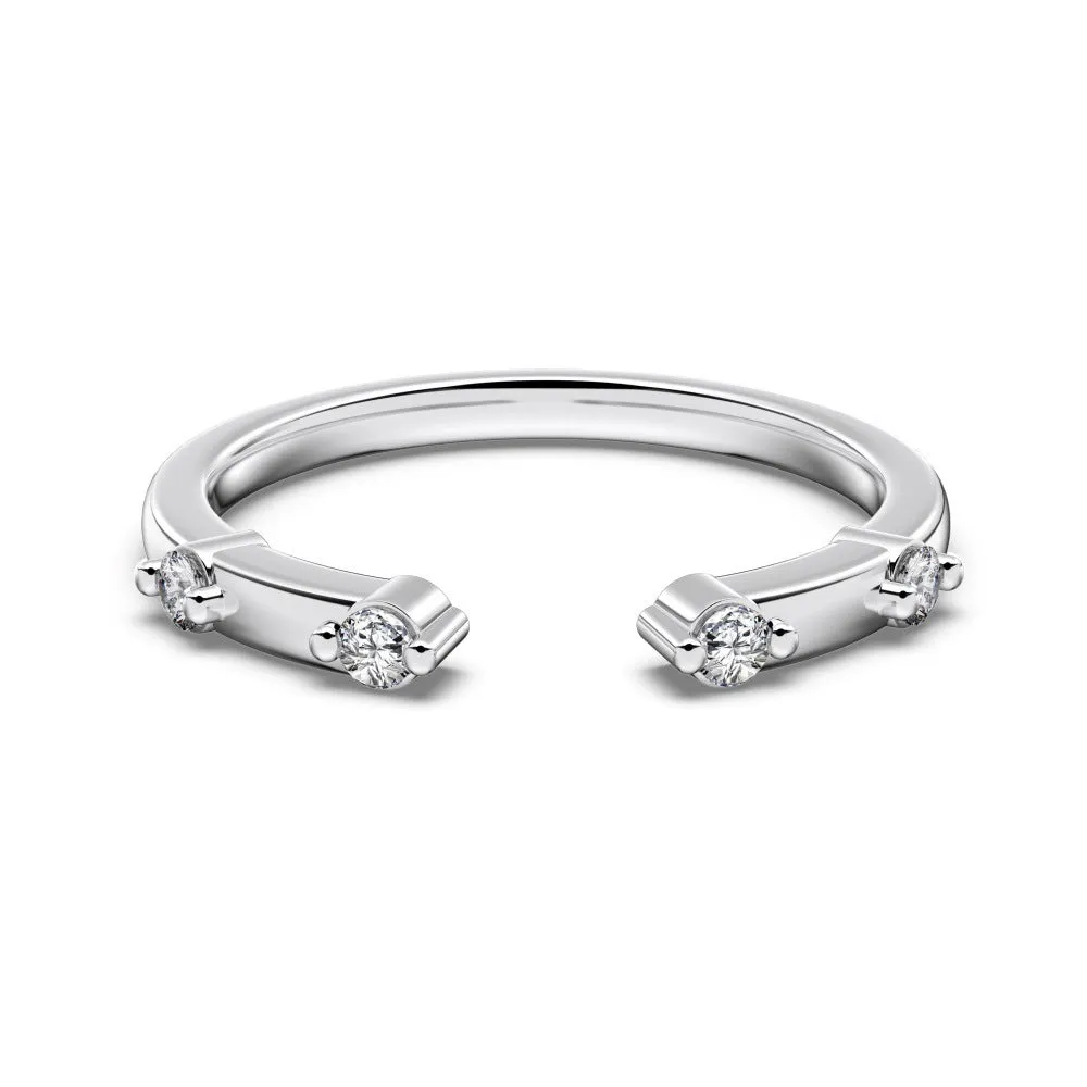 Sterling silver open ring with irregular wave design and adjustable opening on female hand