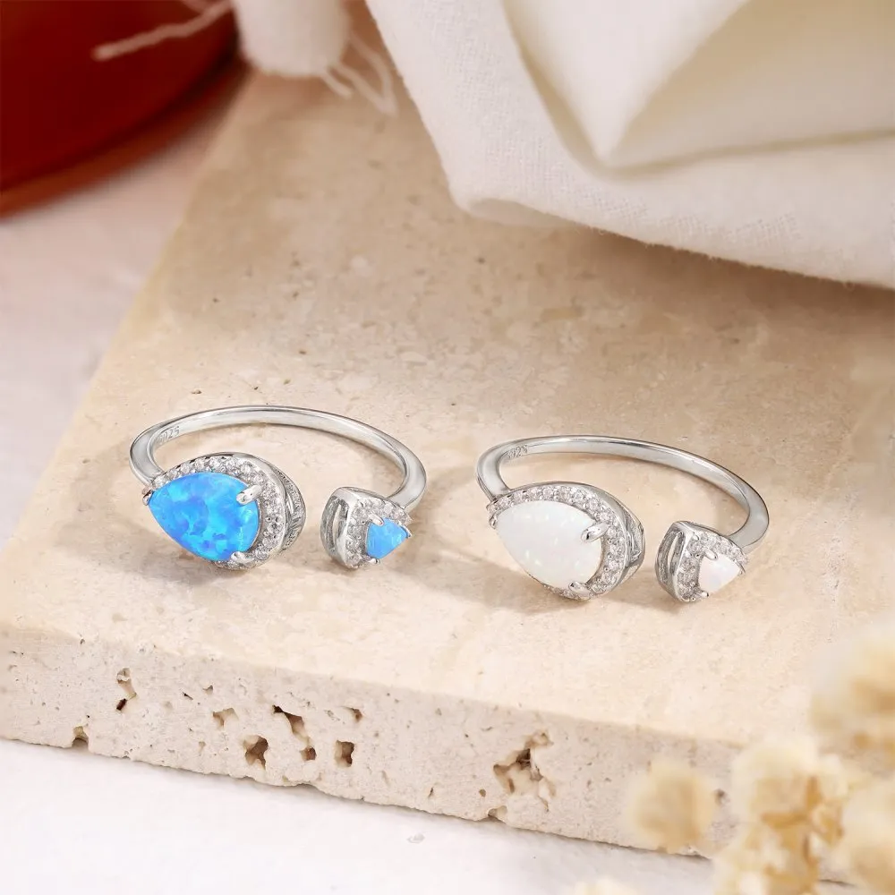 S925 sterling silver adjustable open mouth ring with blue drop-shaped fat triangle opal design geometric style