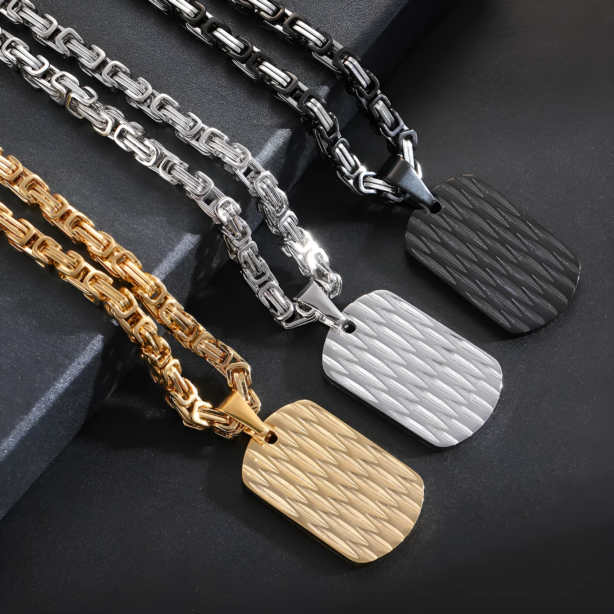 Titanium steel men's necklace with water ripple pendant and emperor chain in adjustable length