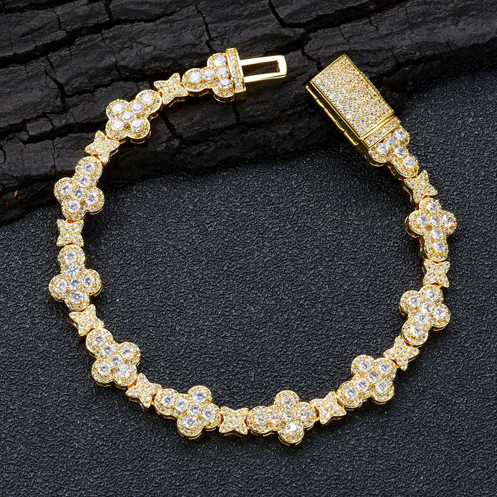 10mm cross XINGX hip hop copper bracelet with inlaid zircon, gold finish, on display