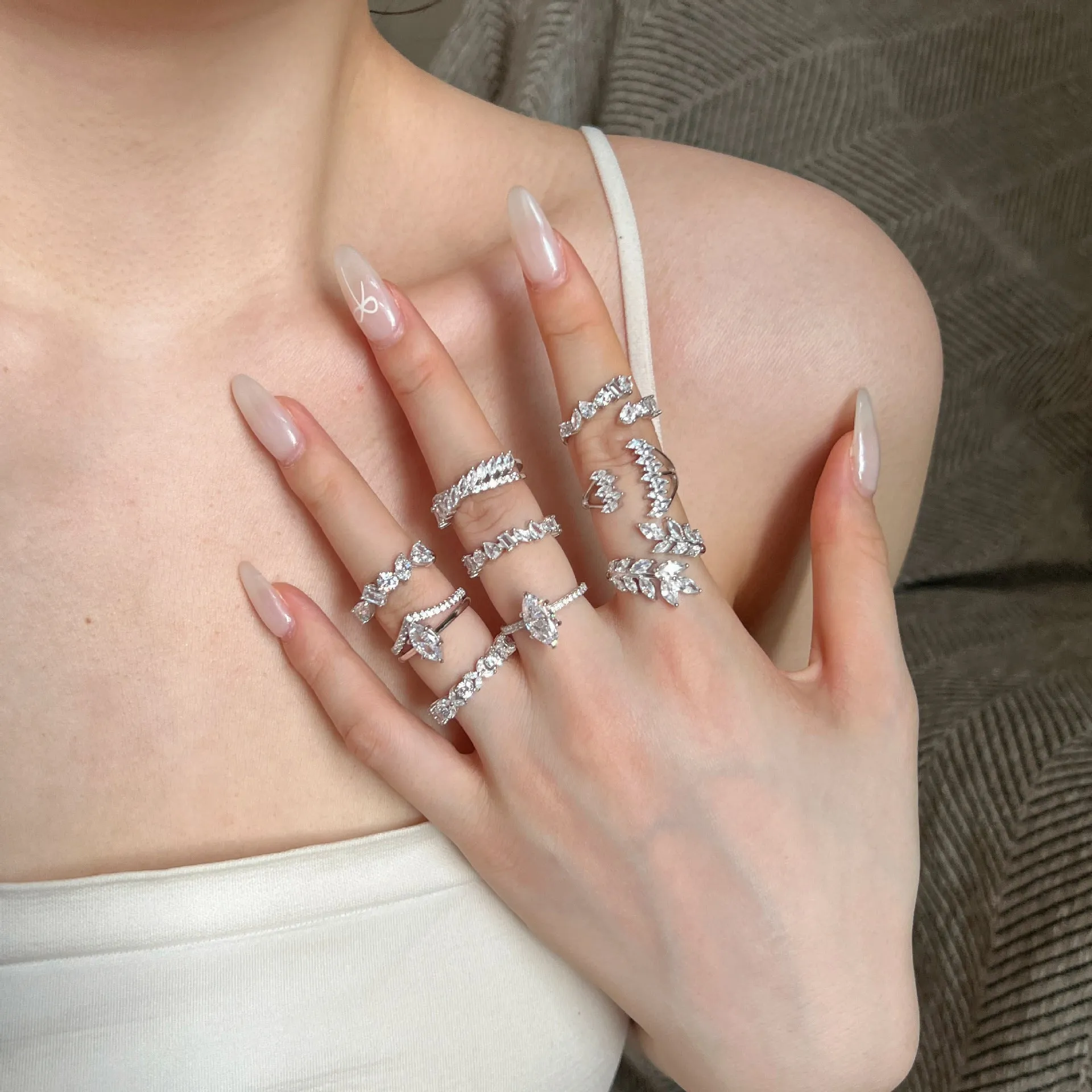 S925 sterling silver geometric hexagon ring with adjustable opening on finger, white finish