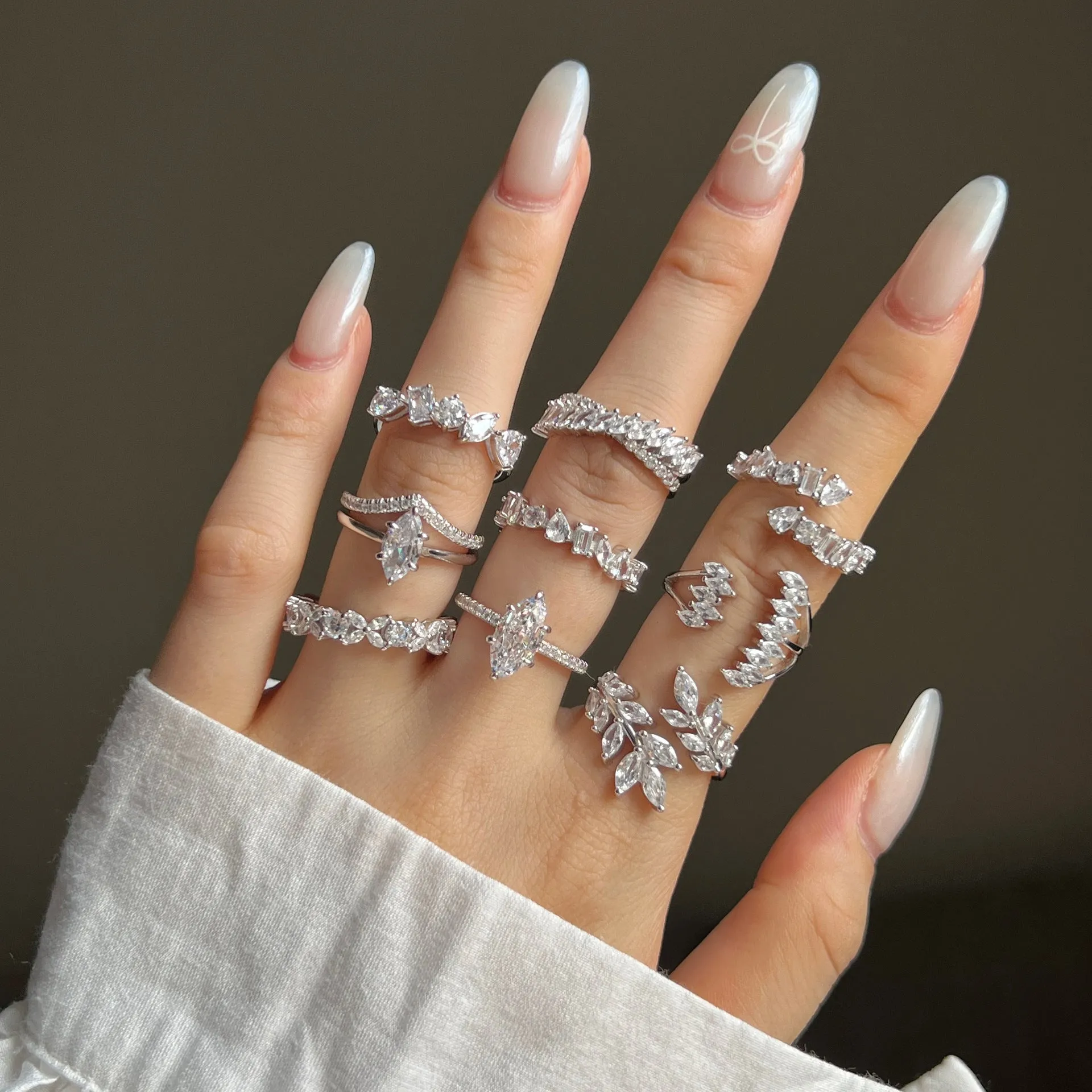 S925 sterling silver geometric hexagon ring with adjustable opening on finger, white finish