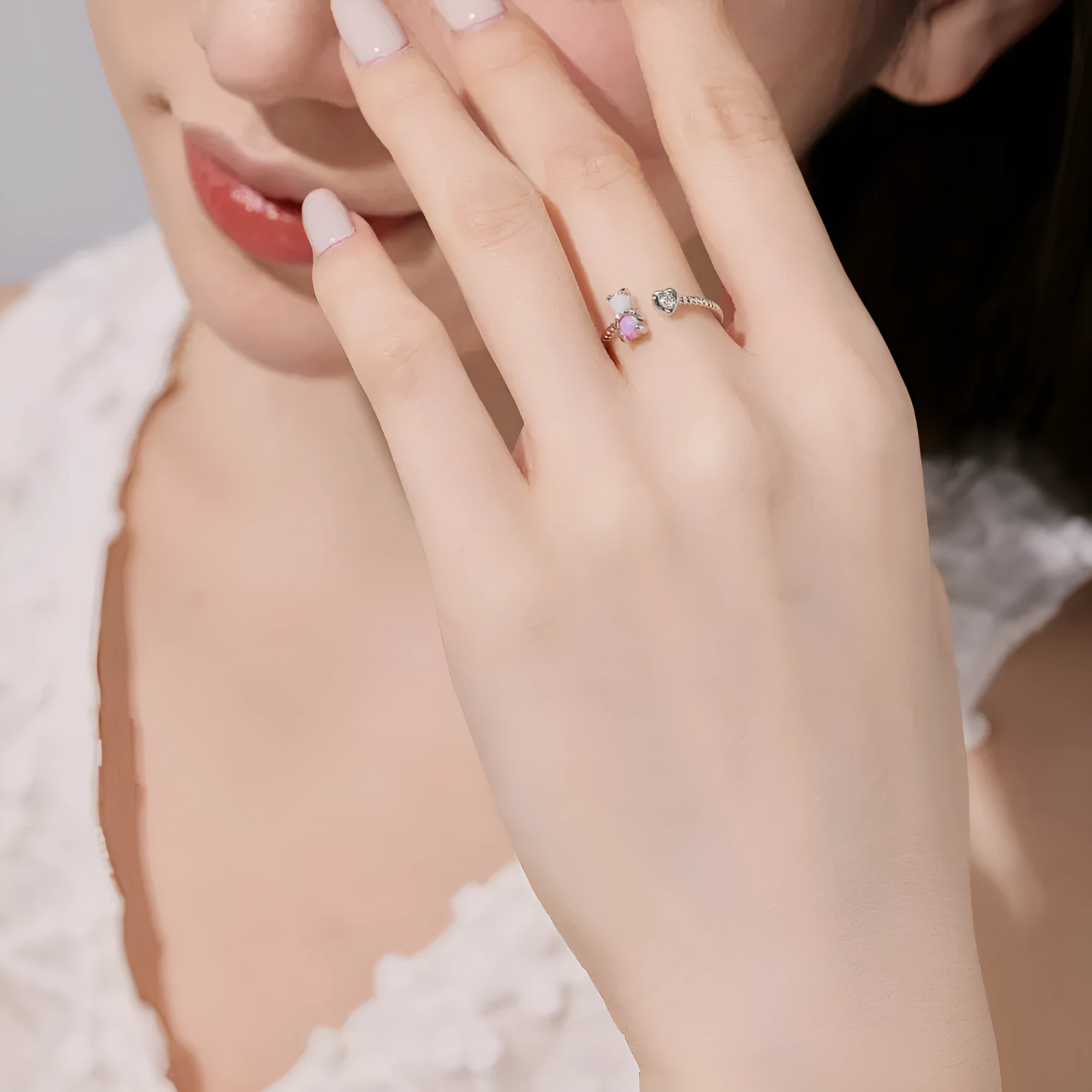 S925 sterling silver bear ring for women with Australian gemstone and zircon, adjustable opening heart shape style