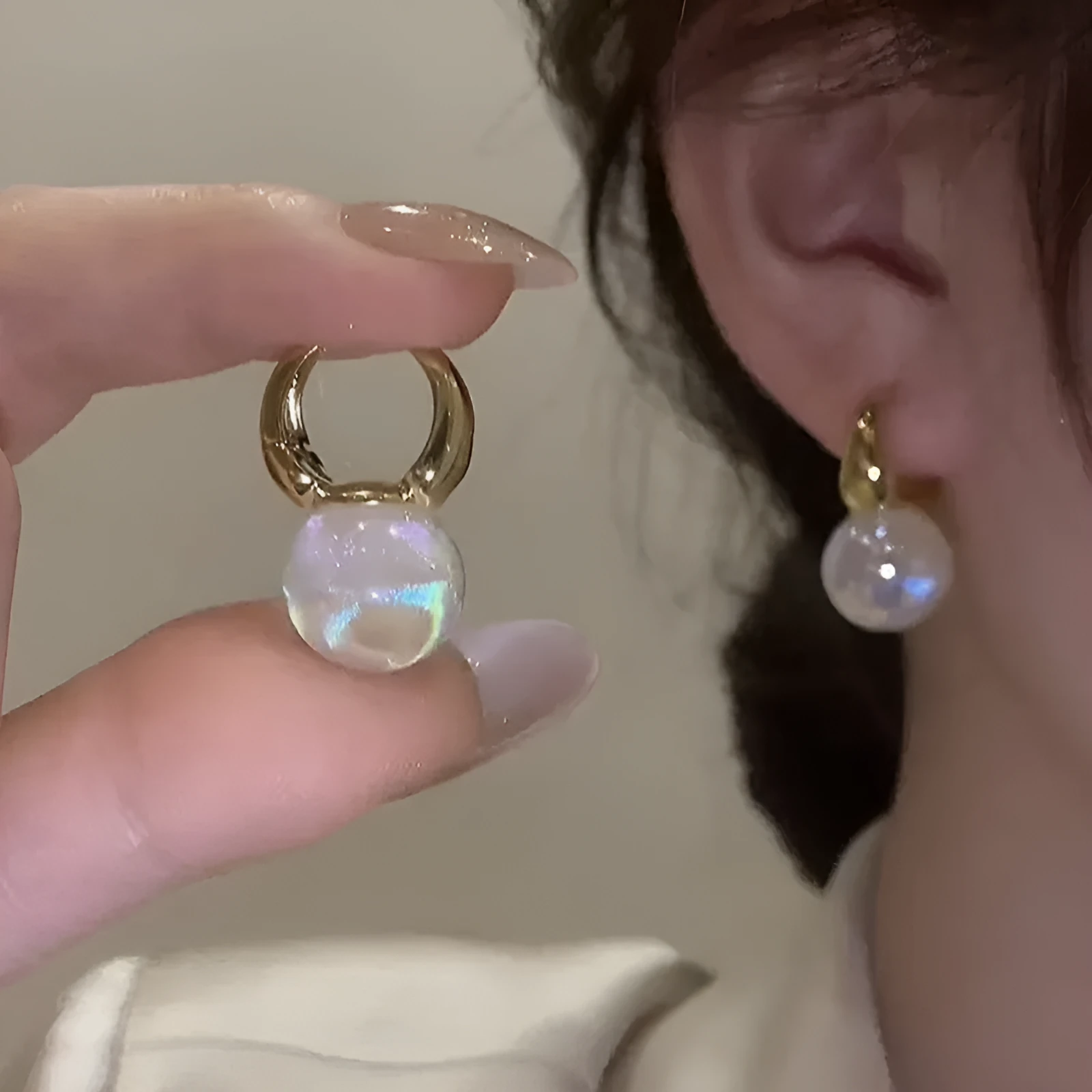 Mermaid pearl earrings for women copper clip on U shape 14K gold colour with white pearl centre