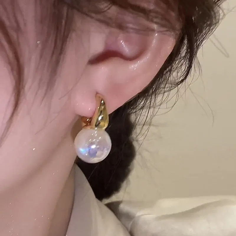 Mermaid pearl earrings for women copper clip on U shape 14K gold colour with white pearl centre