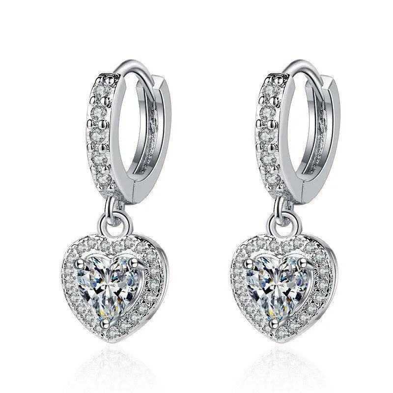 Copper inlaid zircon love earrings heart shape white gold colour electroplated women jewellery