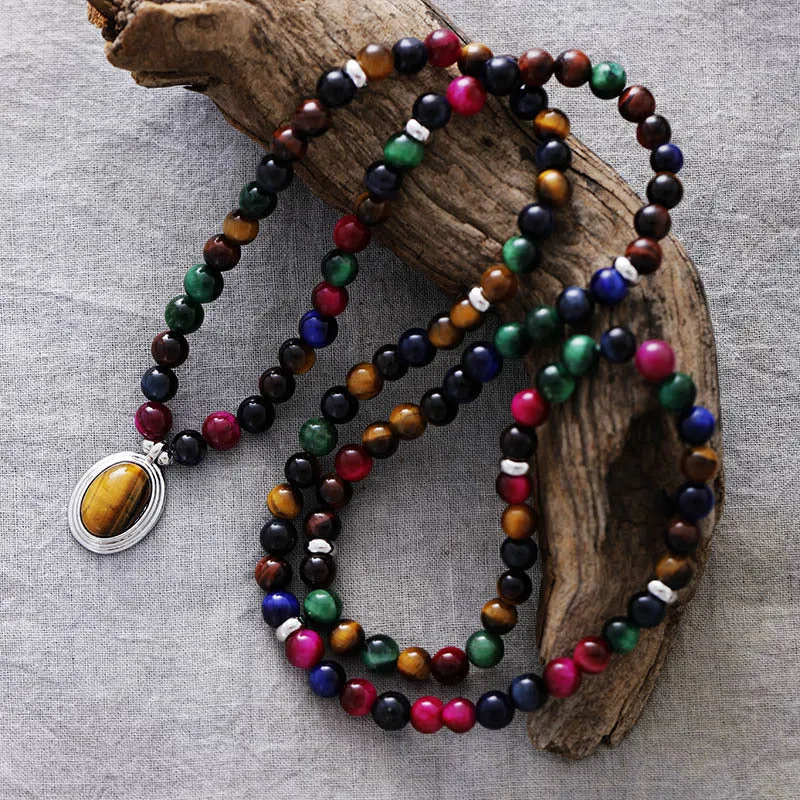 Natural stone meditation necklace bracelet with 108 pendants showing colour tiger-eye beads and mixed gem charms