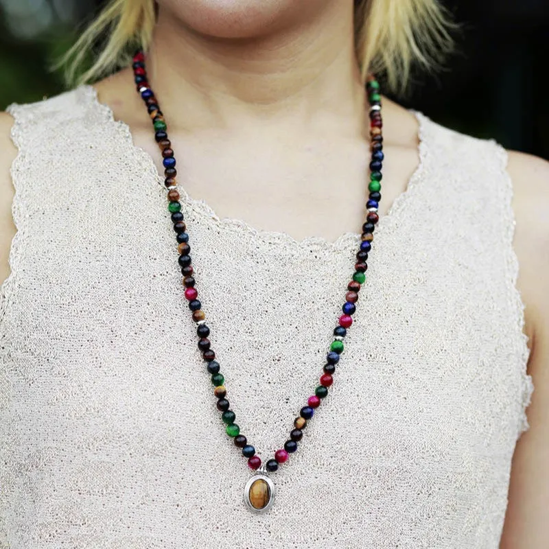 Natural stone meditation necklace bracelet with 108 pendants showing colour tiger-eye beads and mixed gem charms