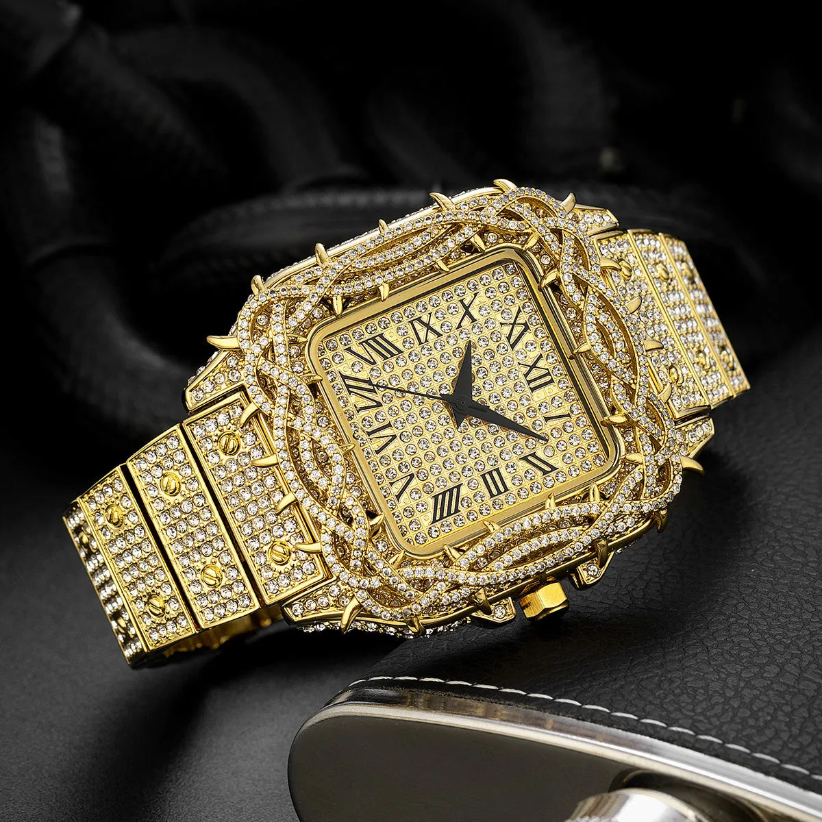 European hip hop ice watch with square full diamond case, thorn dial inlaid with zircon stones, in silver colour