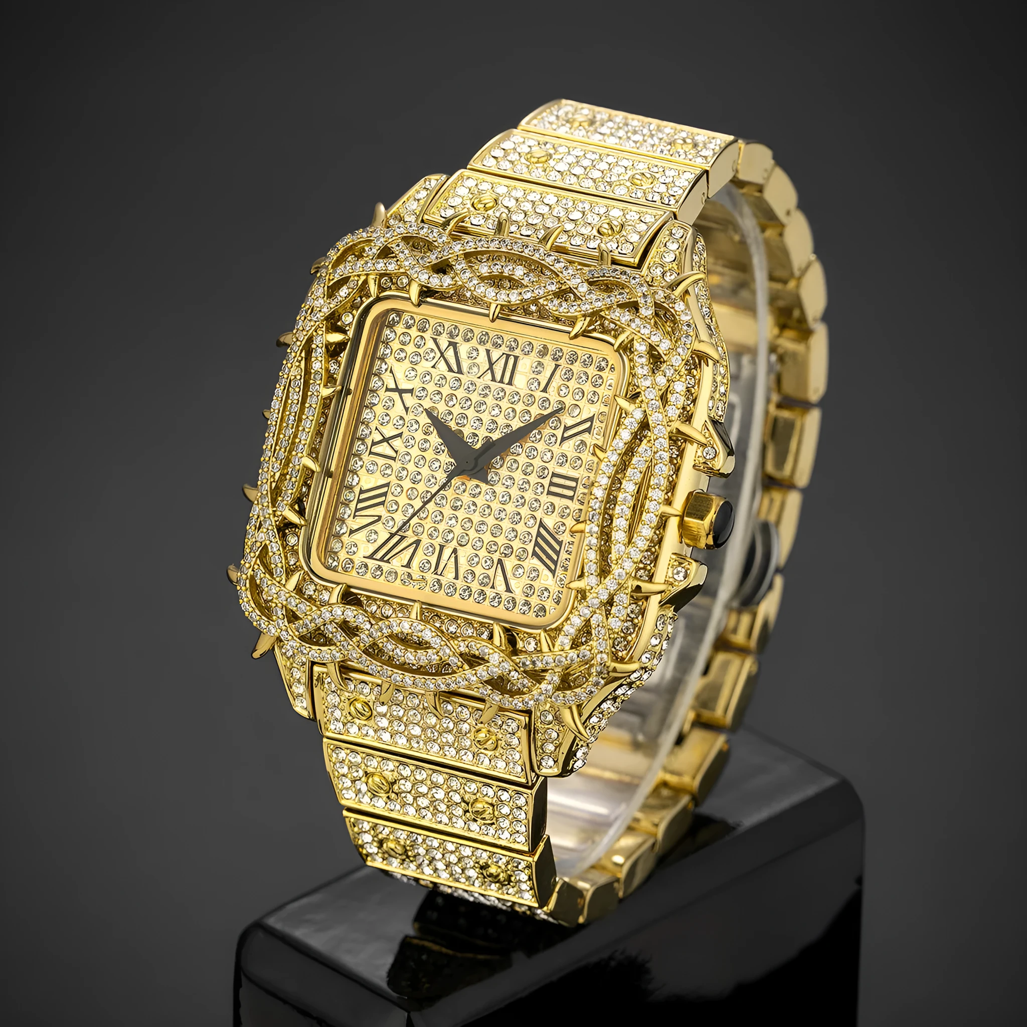 European hip hop ice watch with square full diamond case, thorn dial inlaid with zircon stones, in silver colour