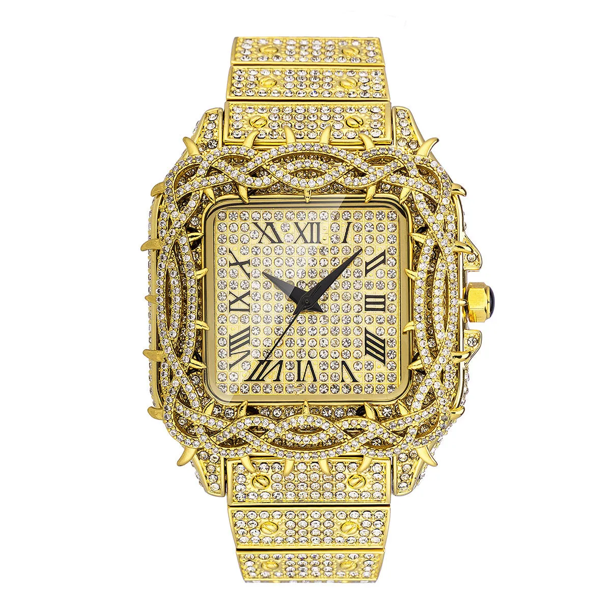 European hip hop ice watch with square full diamond case, thorn dial inlaid with zircon stones, in silver colour