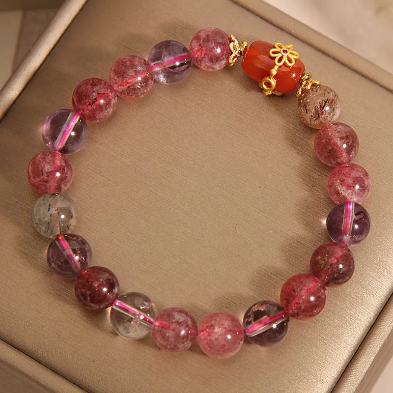 Natural Super Seven crystal bracelet with red agate and white stones in a cartoon style.