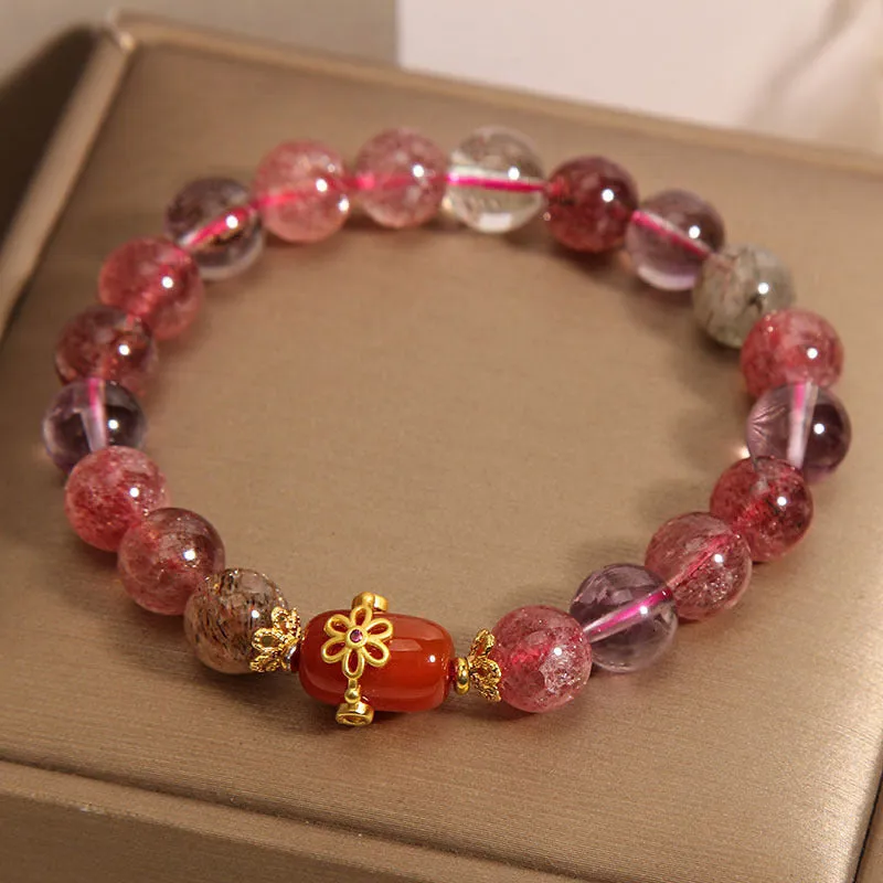 Natural Super Seven crystal bracelet with red agate and white stones in a cartoon style.