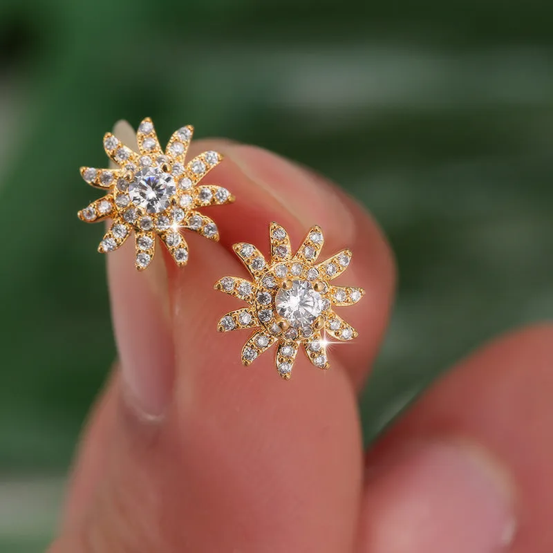 SUNFLOWER gold white and platinum white zircon mosaic copper ear studs pair