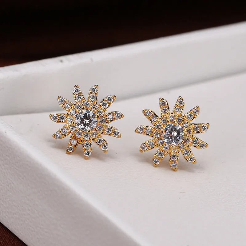 SUNFLOWER gold white and platinum white zircon mosaic copper ear studs pair