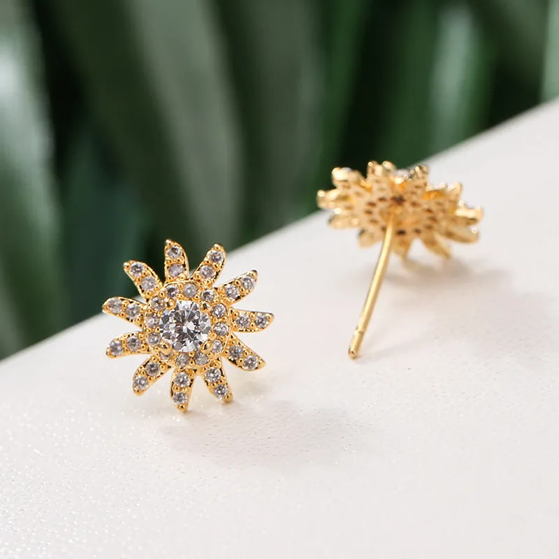 SUNFLOWER gold white and platinum white zircon mosaic copper ear studs pair