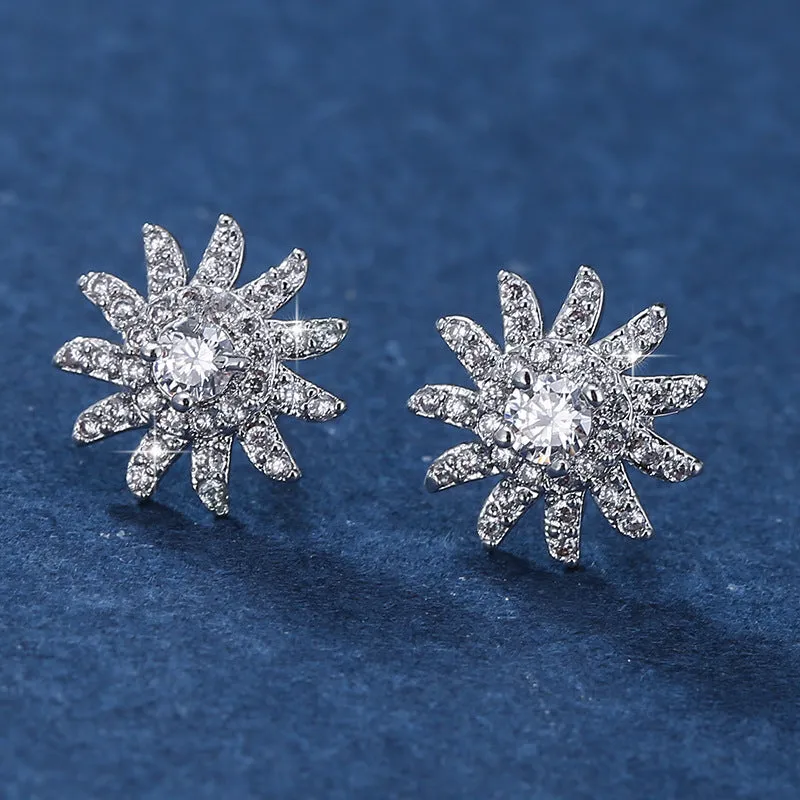 SUNFLOWER gold white and platinum white zircon mosaic copper ear studs pair