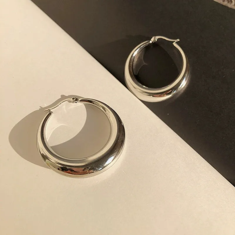 Metal circle hoop earrings for women, silver needle, electroplated gold finish, 40mm outer diameter