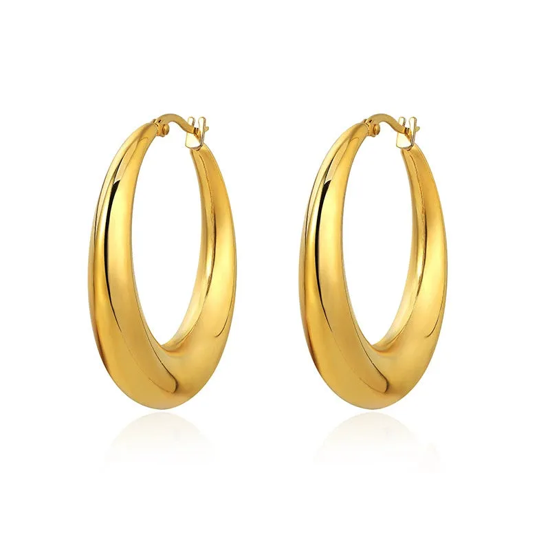 Metal circle hoop earrings for women, silver needle, electroplated gold finish, 40mm outer diameter
