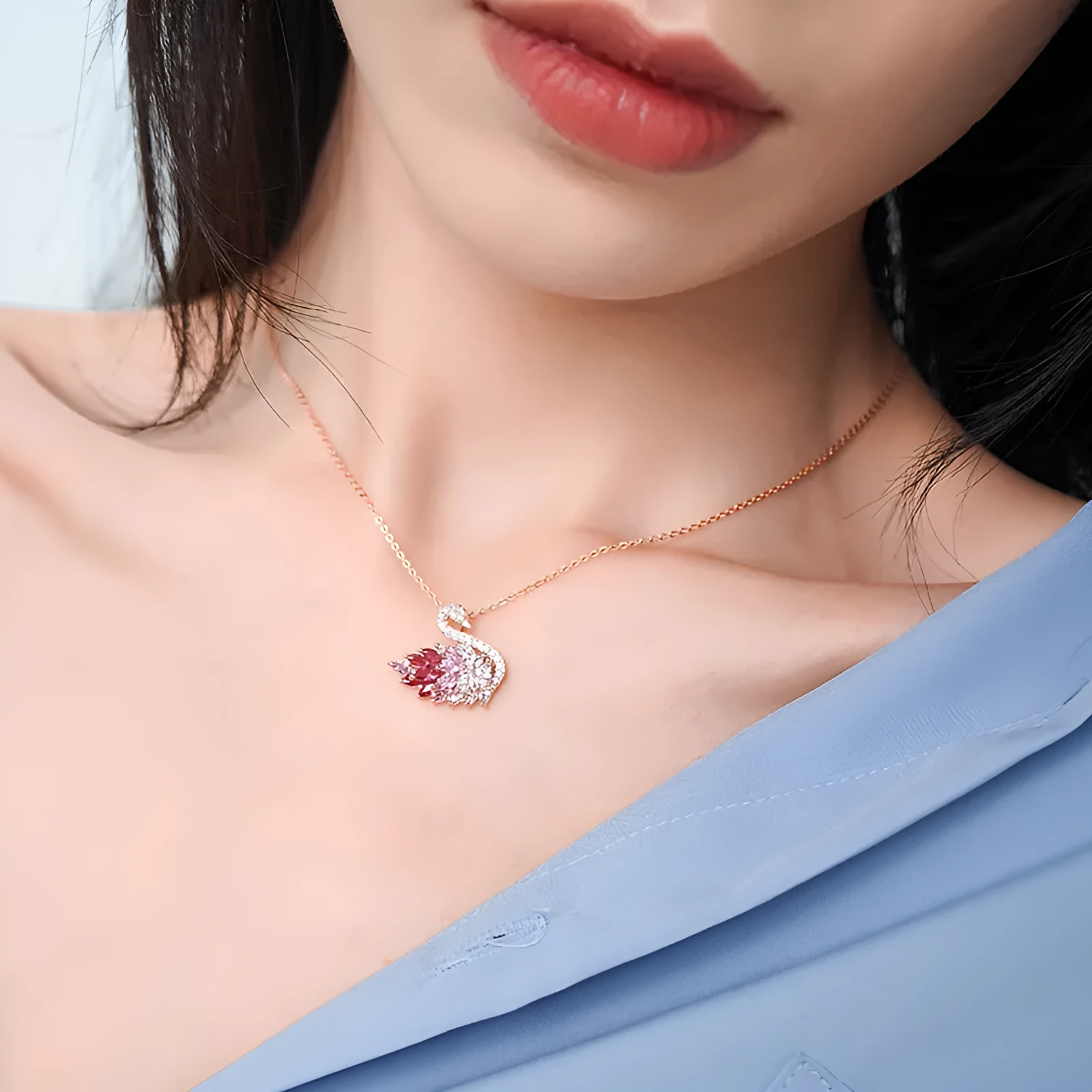 Alloy swan pendant necklace on snake bones chain, adjustable 51-80cm, available in nine colour options including silver and rose gold