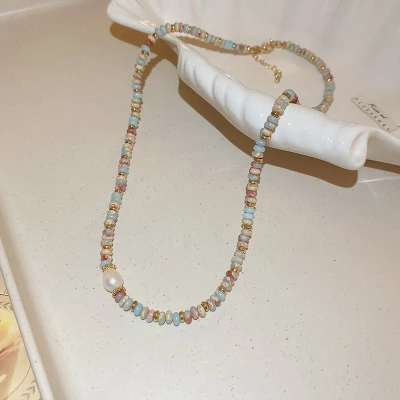 Women's geometric pearl necklace with zinc alloy pendant on adjustable clavicle chain, fashion OL style
