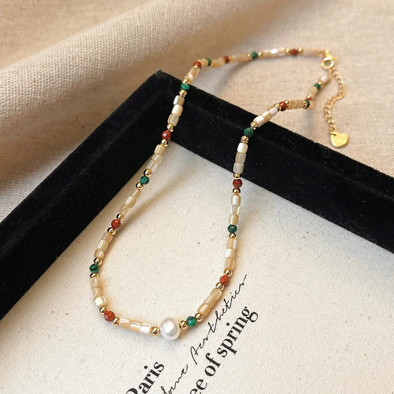 Women's geometric pearl necklace with zinc alloy pendant on adjustable clavicle chain, fashion OL style