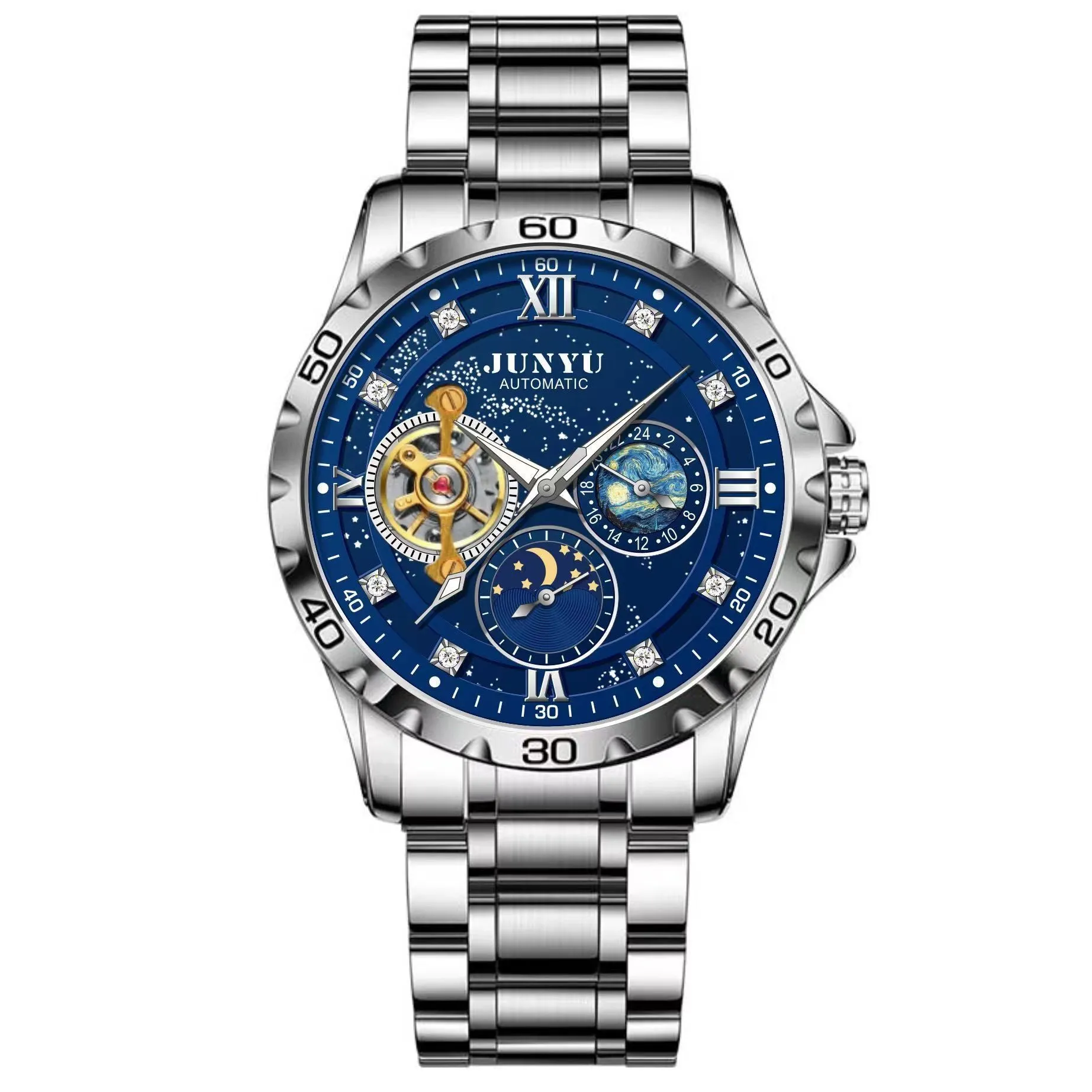 Men's automatic mechanical watch with luminous hands on a wrist, showing silver case and blue face option.