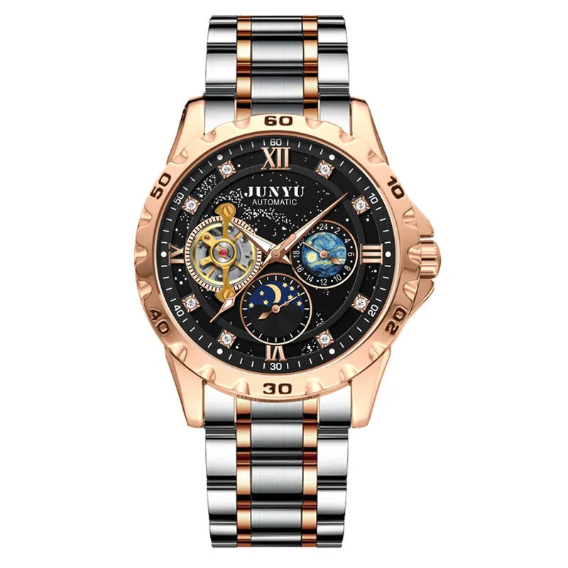 Men's automatic mechanical watch with luminous hands on a wrist, showing silver case and blue face option.