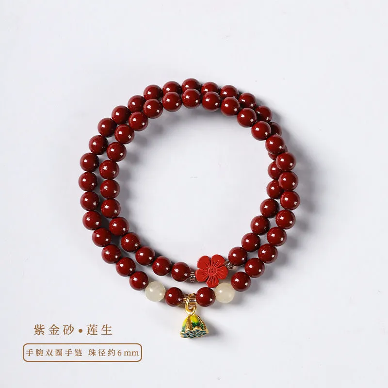Purple gold sand bracelet with lotus seedpod centre and double circle bead design on adjustable string.