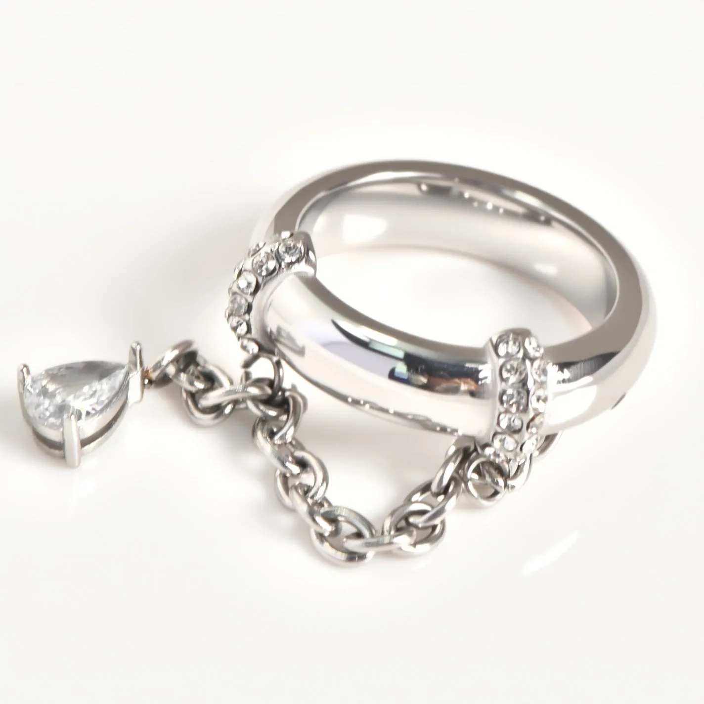 Gold rhinestone-encrusted chain ring for women, 304 stainless steel, geometric shape, sizes No 6 No 7 No 8