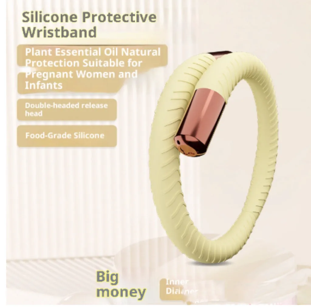 Silicone mosquito repellent liquid protective bracelet in light yellow colour on a white background