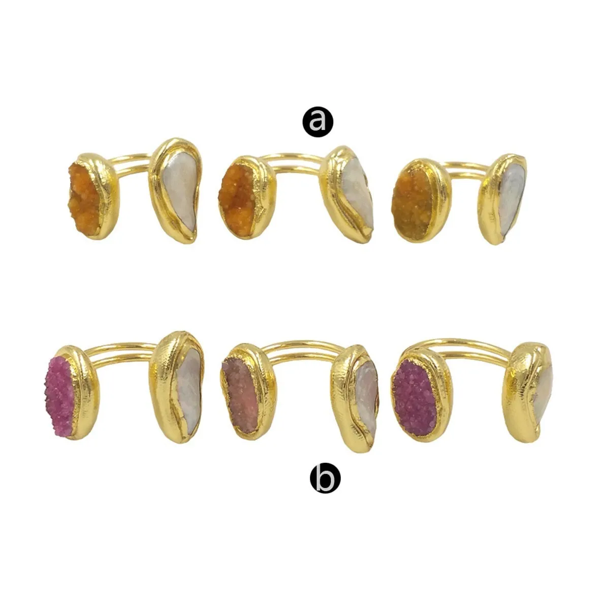 Artistic retro adjustable copper ring for women with geometric double ring style and electroplated finish in yellow colour