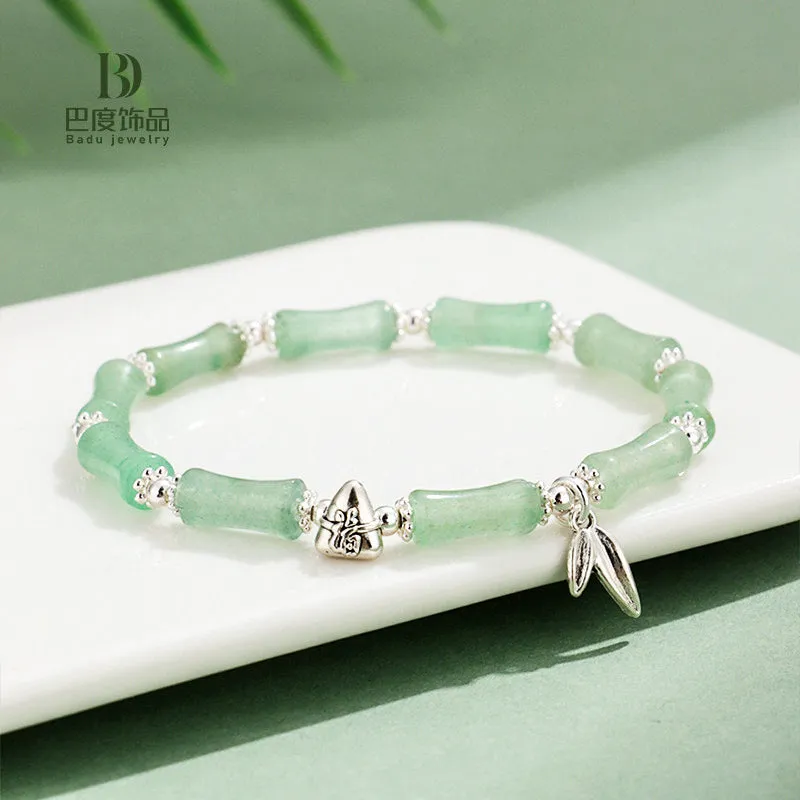 Green aventurine bamboo strawberry crystal bracelet with mixed stones and adjustable sizing