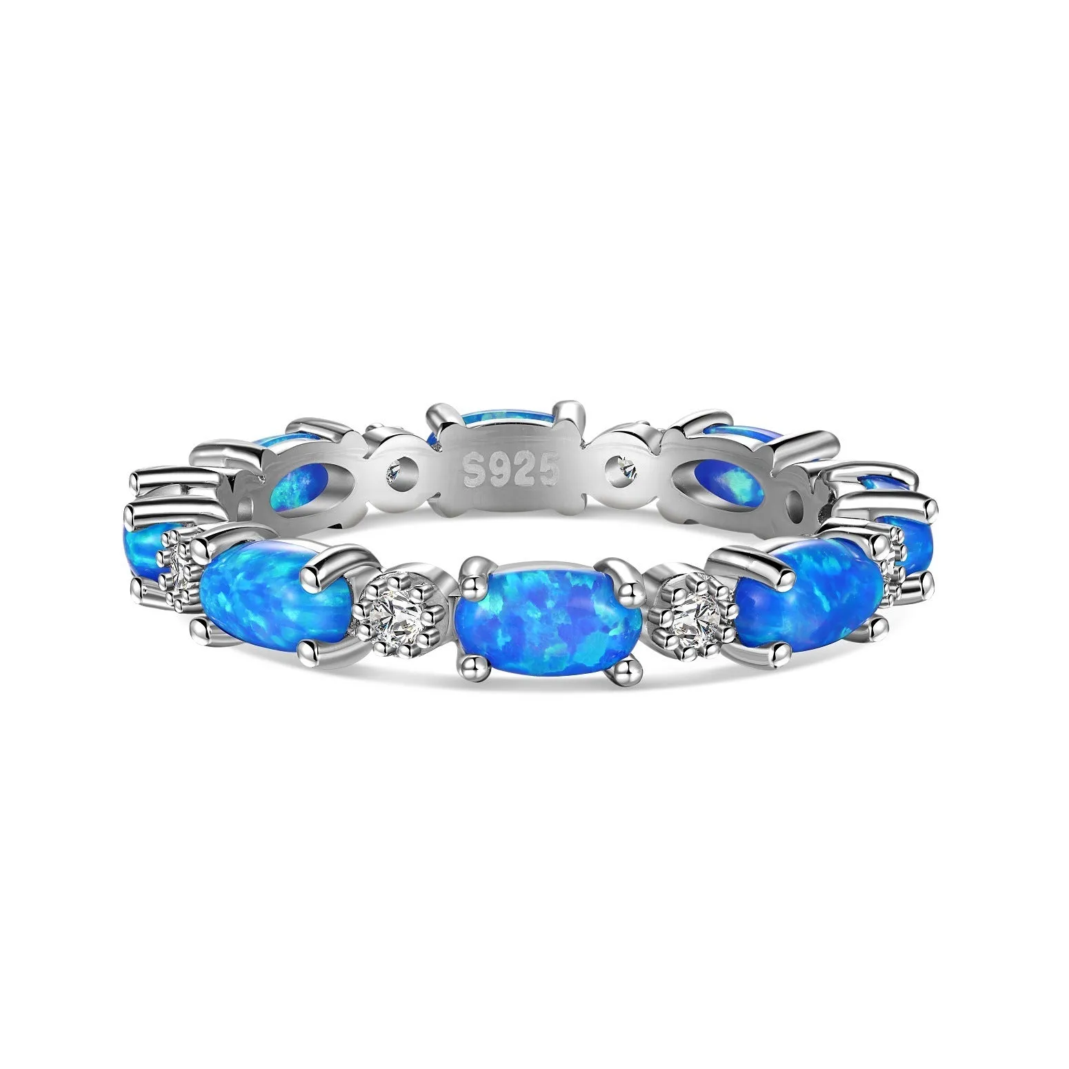 S925 sterling silver U-shaped opal ring with electroplated finish in opal blue, side view on white background