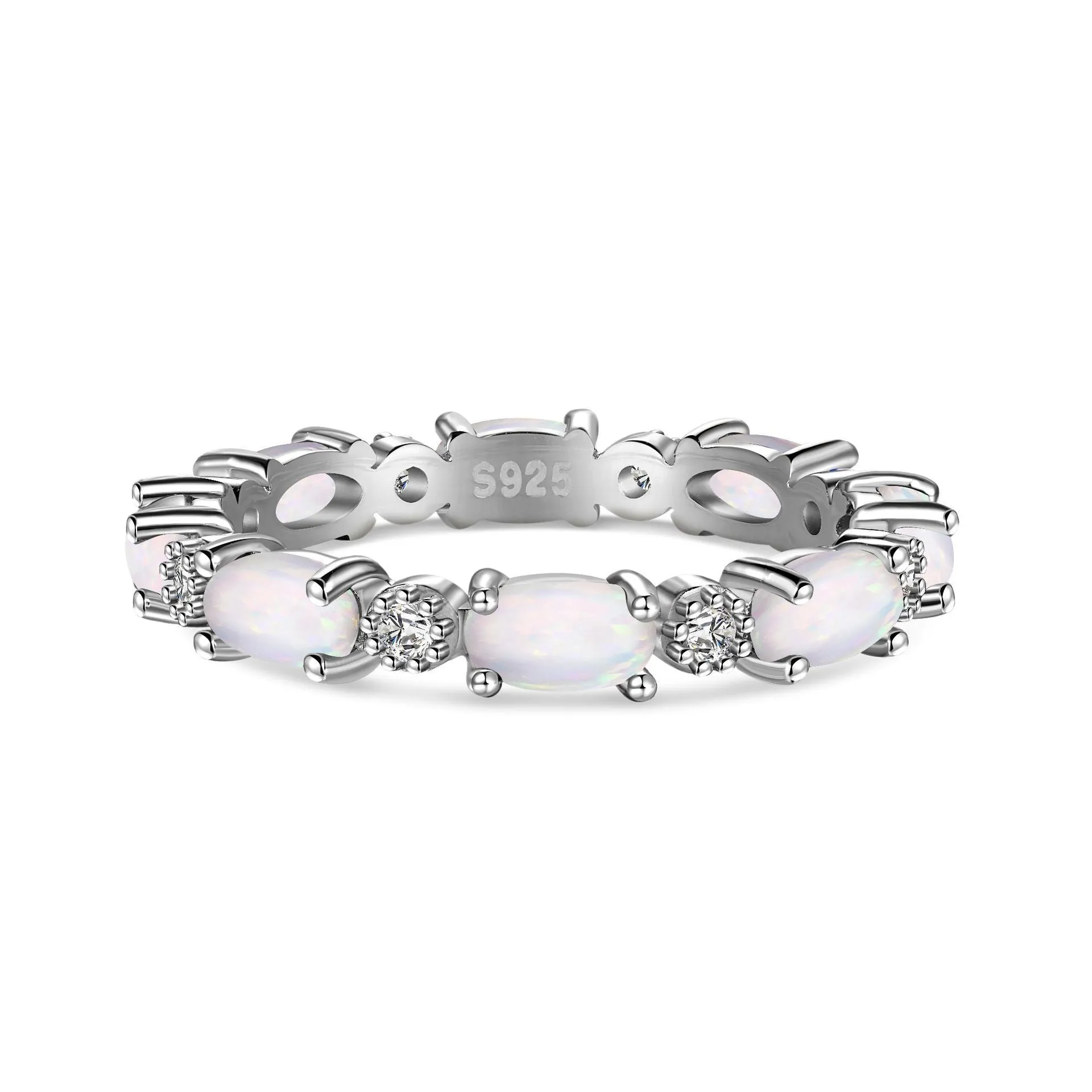 S925 sterling silver U-shaped opal ring with electroplated finish in opal blue, side view on white background