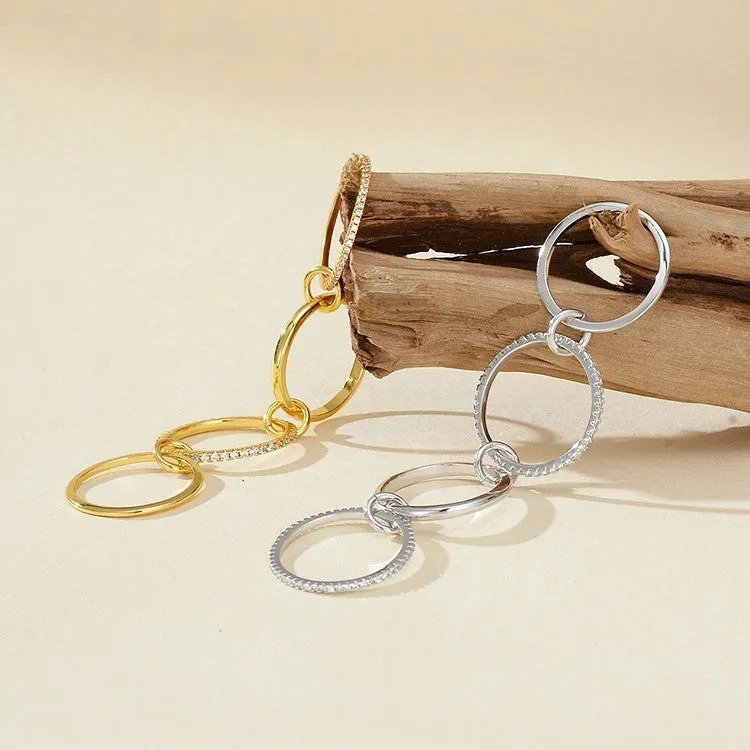 S925 sterling silver four-ring buckle row ring with inlaid zircon in 18k gold colour, unisex minimalist style