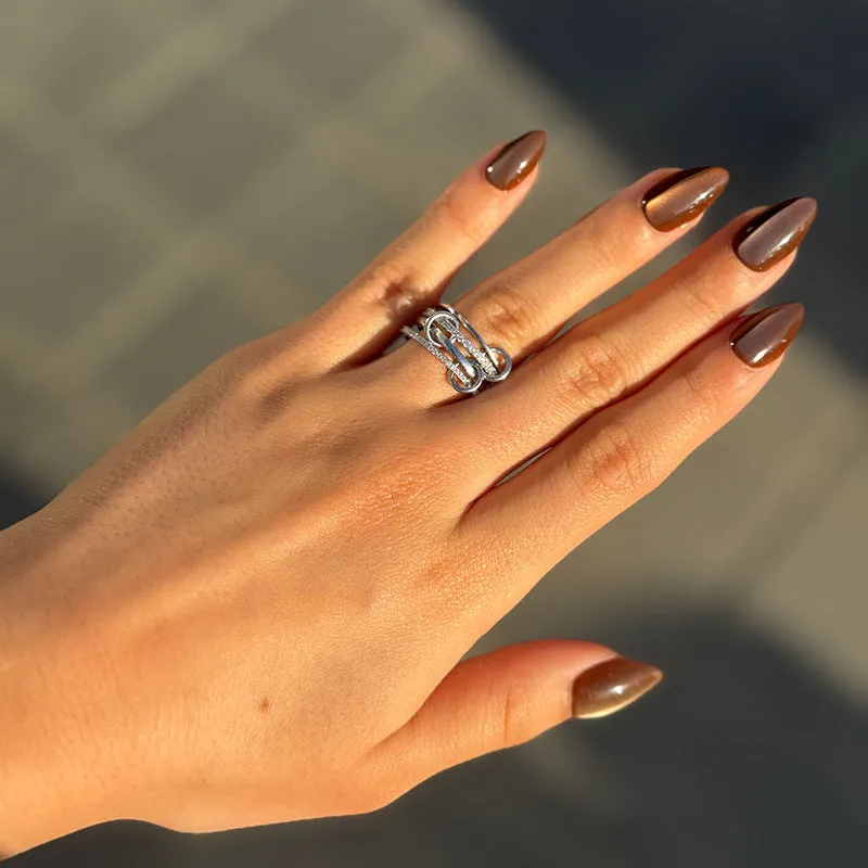 S925 sterling silver four-ring buckle row ring with inlaid zircon in 18k gold colour, unisex minimalist style
