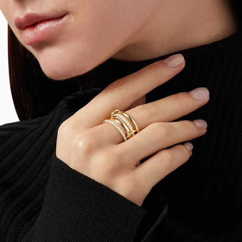 S925 sterling silver four-ring buckle row ring with inlaid zircon in 18k gold colour, unisex minimalist style