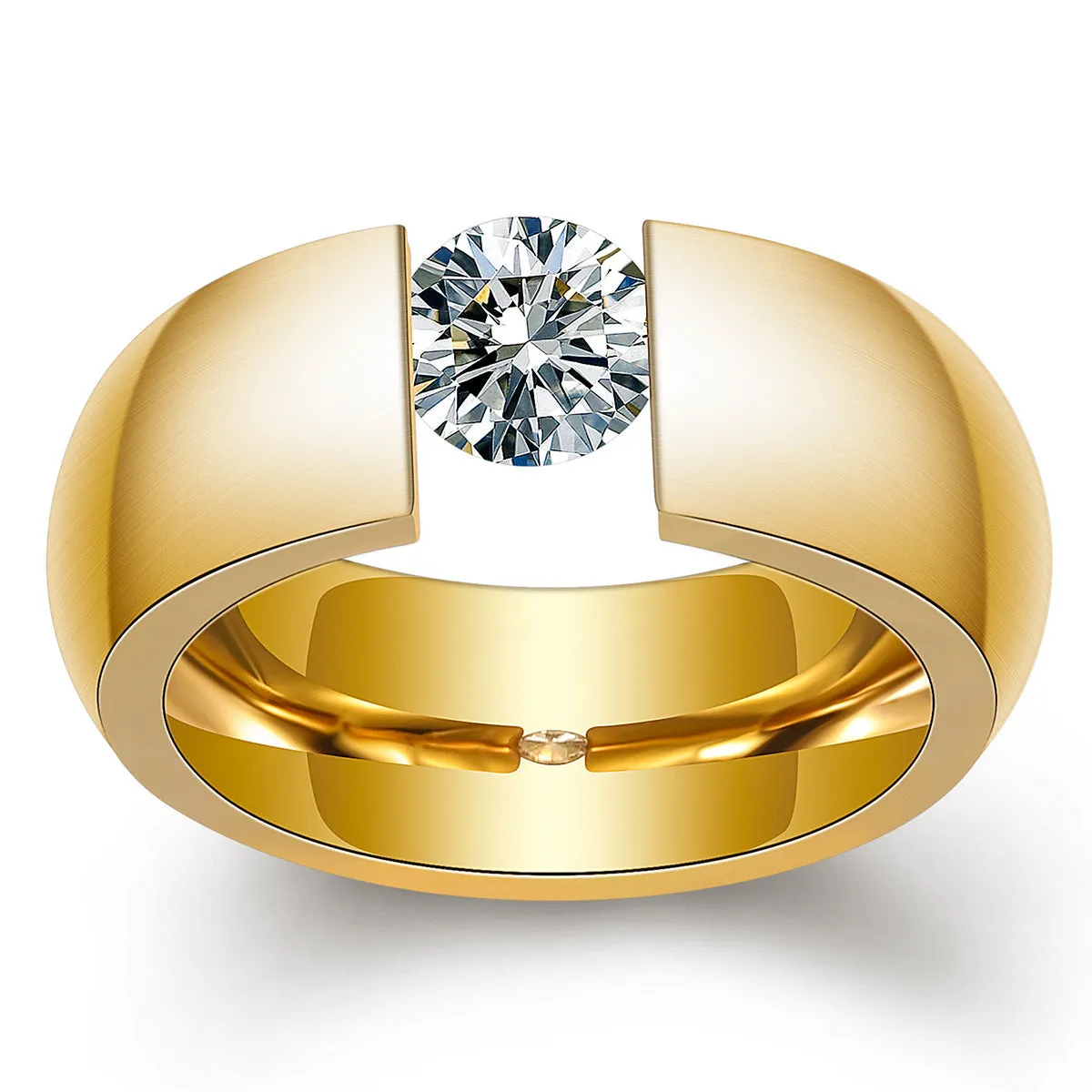 Minimalist gold diamond ring on plain background, titanium steel, geometric shape US sizes 6-10