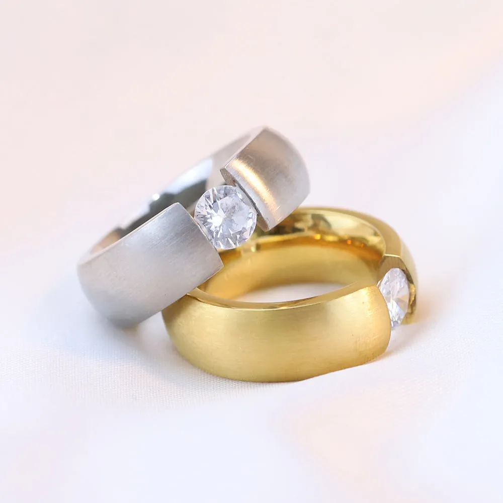 Minimalist gold diamond ring on plain background, titanium steel, geometric shape US sizes 6-10
