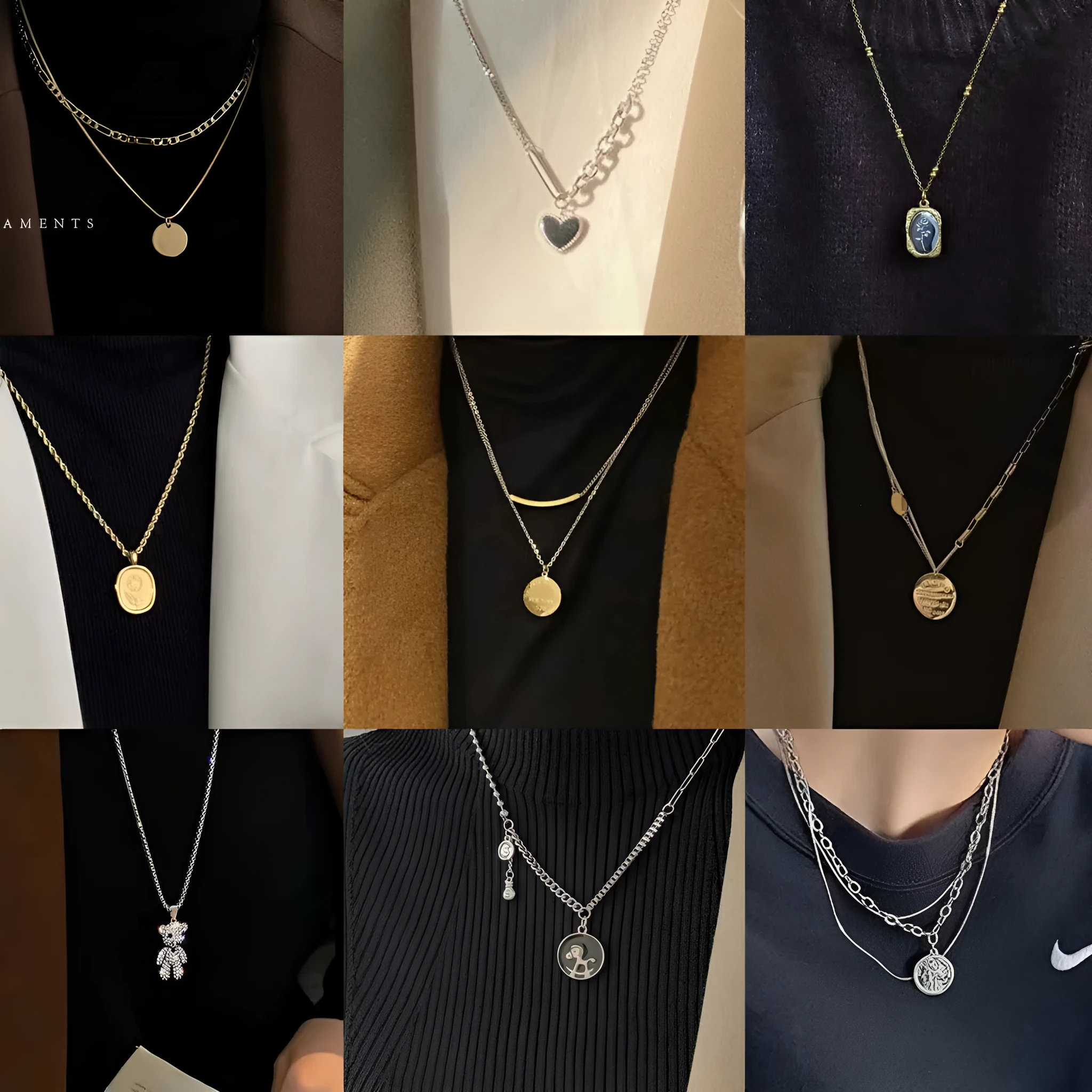 Normcore double-layer necklace for women with retro rhinestone geometric pendant and alloy chain