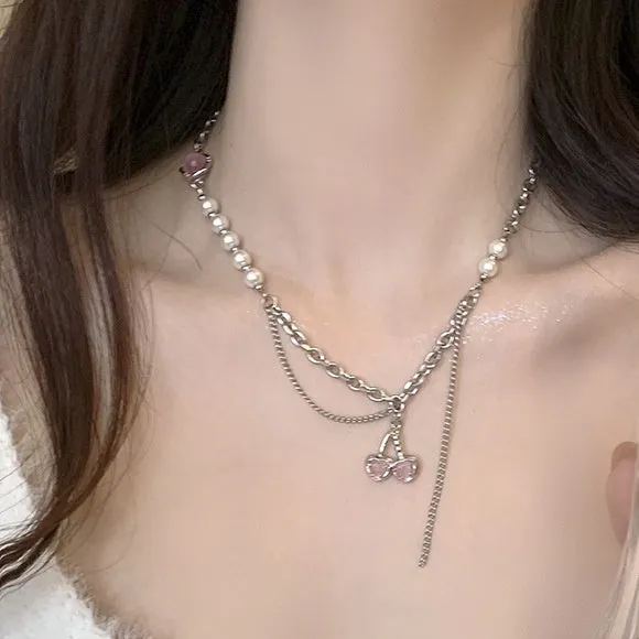 Normcore double-layer necklace for women with retro rhinestone geometric pendant and alloy chain