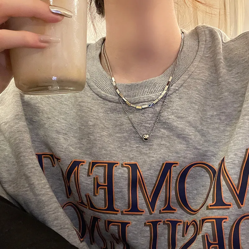 Normcore double-layer necklace for women with retro rhinestone geometric pendant and alloy chain