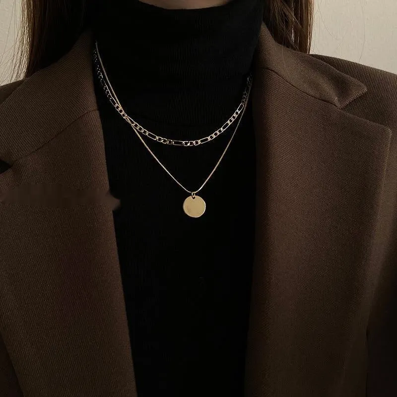Normcore double-layer necklace for women with retro rhinestone geometric pendant and alloy chain