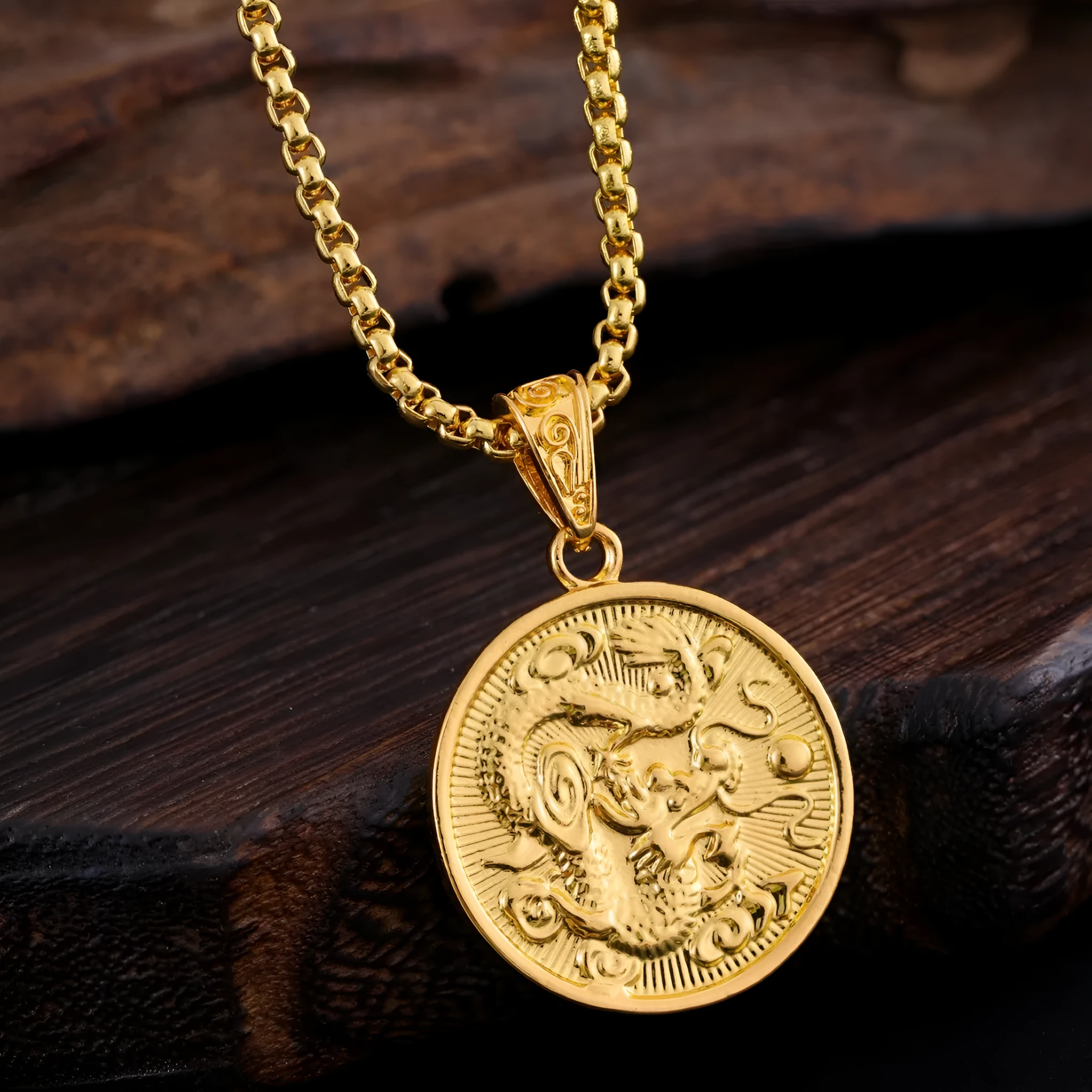 Retro titanium steel round hip hop style pendant in gold colour