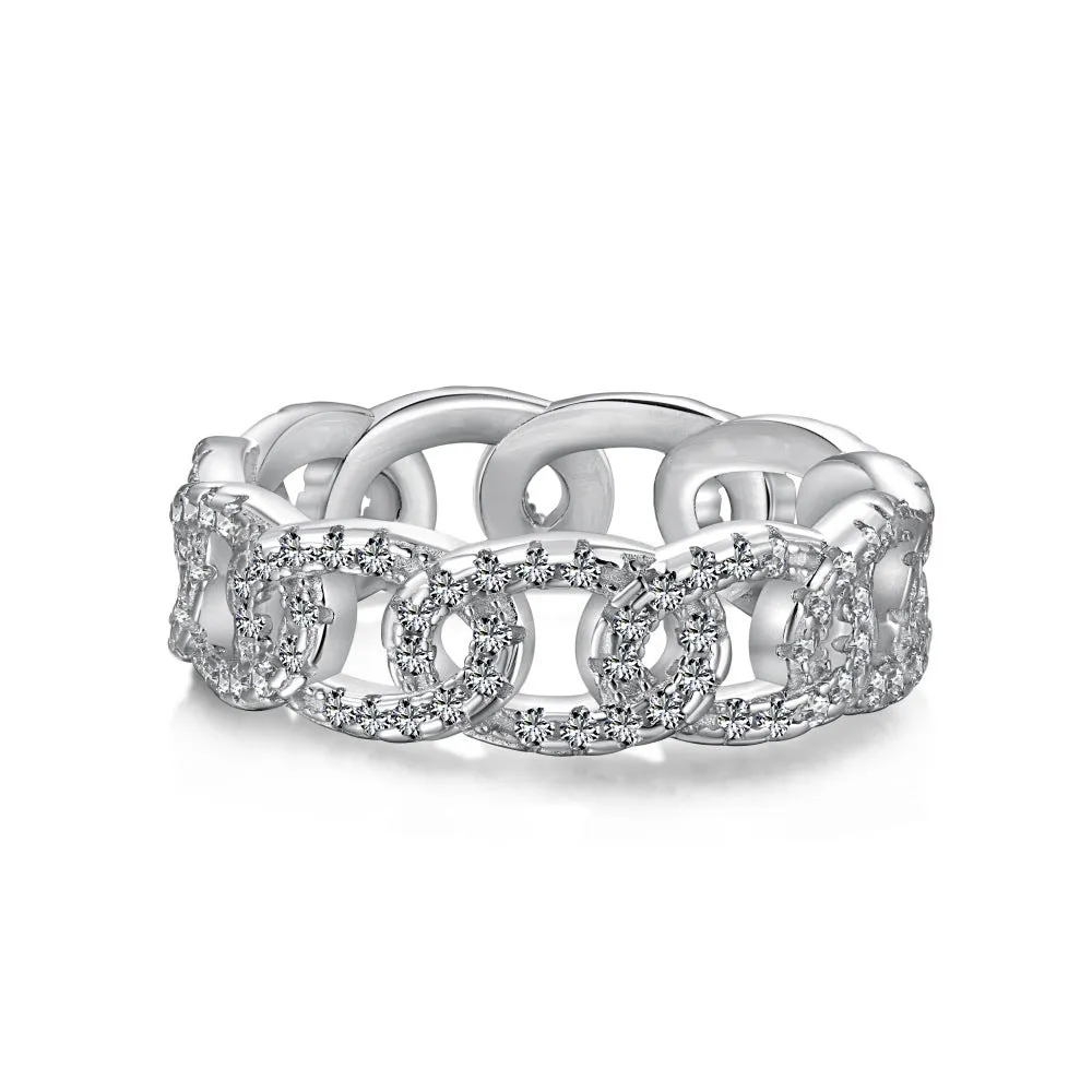 Silver punk chain ring for women with electroplated finish on white background