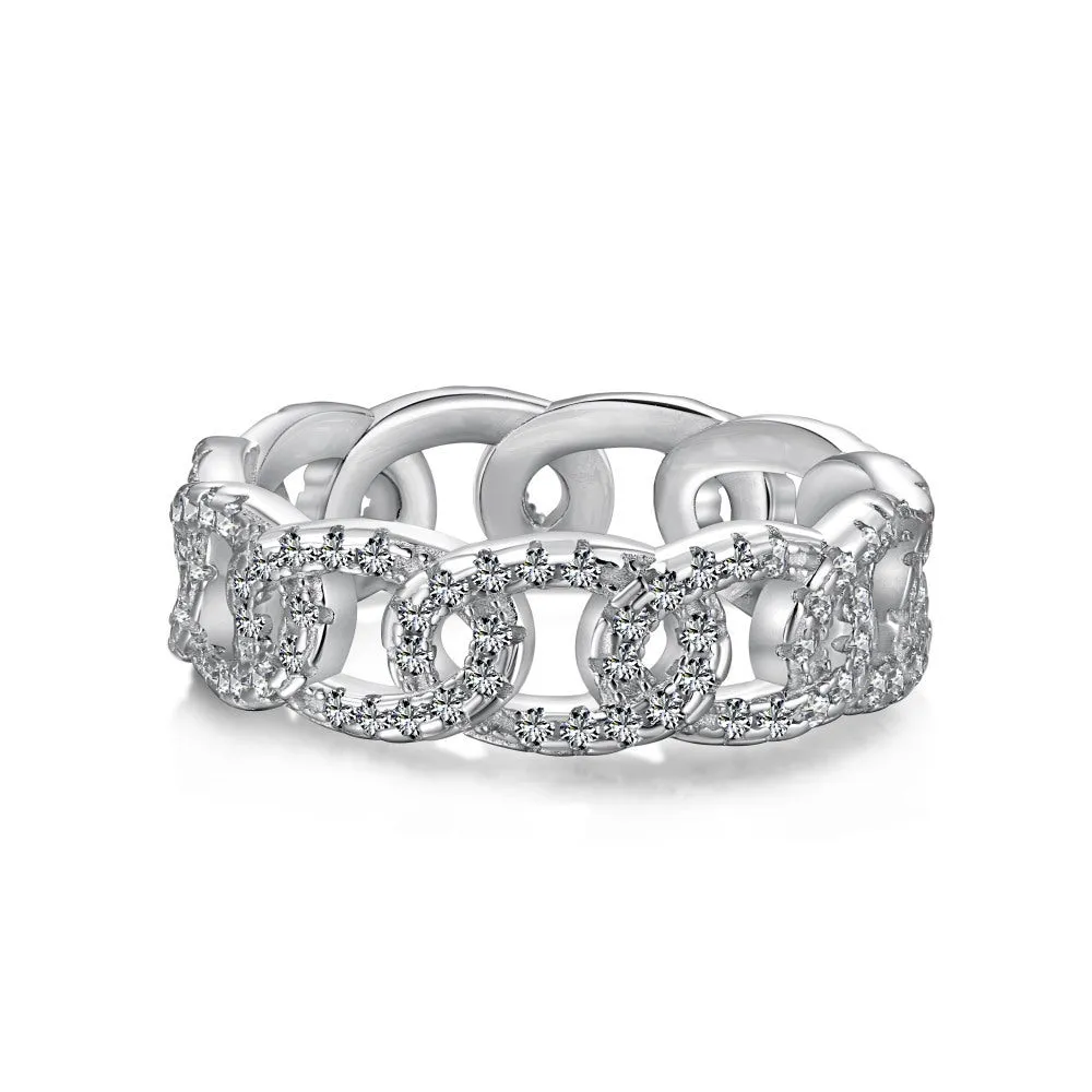 Silver punk chain ring for women with electroplated finish on white background
